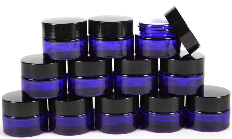 Vivaplex, 12, Cobalt Blue, 1 oz, Round Glass Jars, with Inner Liners and black Lids - Image 1